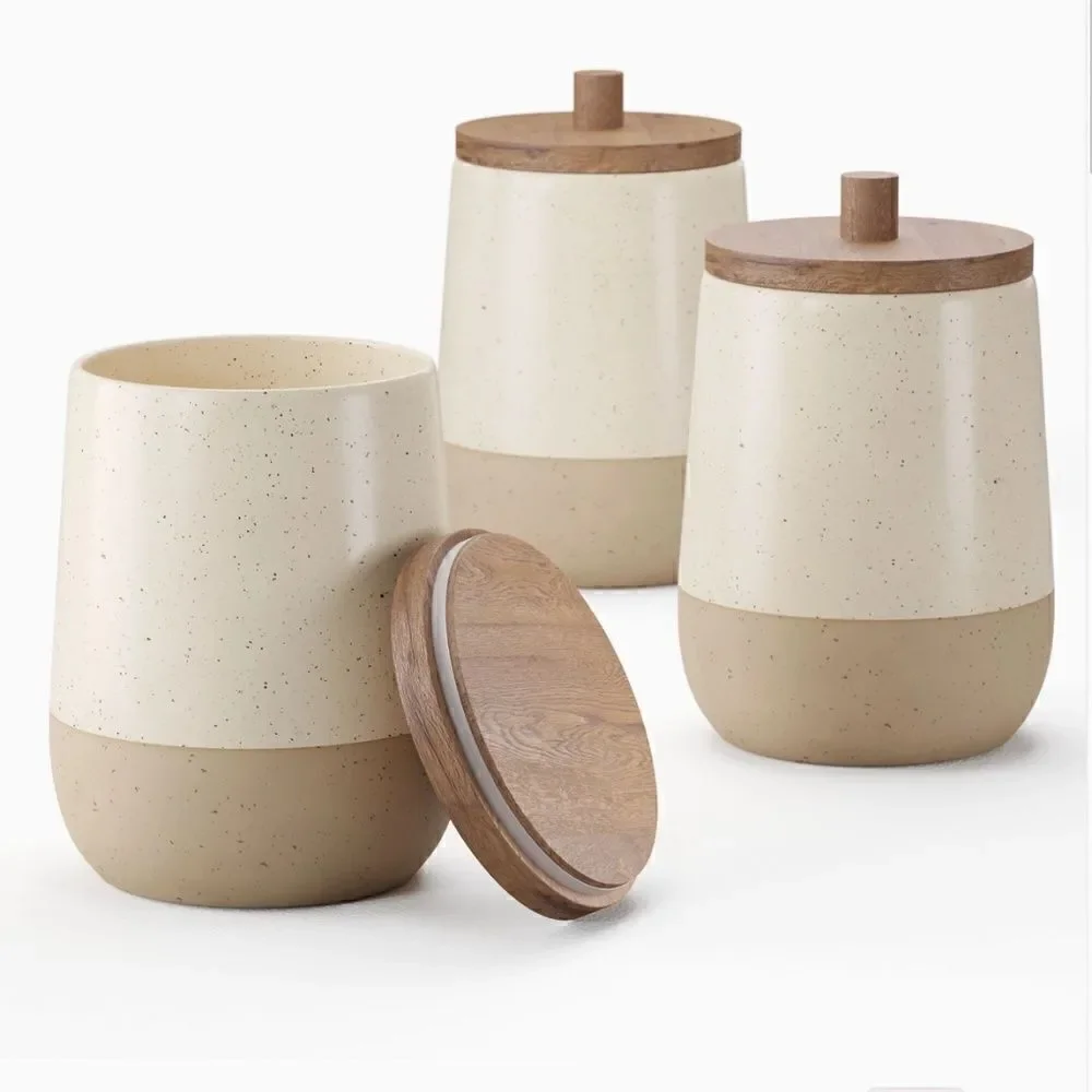 Farmhouse Ceramic Canister Set Country Cottage Beige Wooden Lids Eclectic